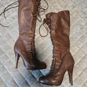 Vintage Brown leather lace up/zip up knee high boots